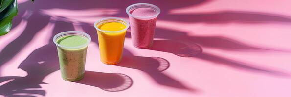 Some cups of smoothies, minimalist background, shadow leafs photo