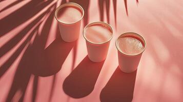 Some cups of smoothies, minimalist background, shadow leafs photo