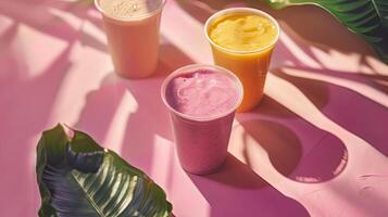 Some cups of smoothies, minimalist background, shadow leafs photo