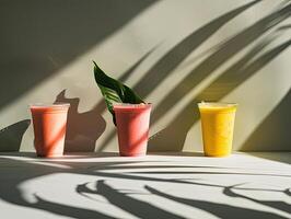 Some cups of smoothies, minimalist background, shadow leafs photo