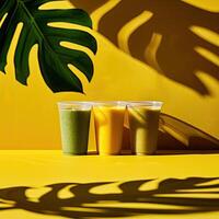 Some cups of smoothies, minimalist background, shadow leafs photo