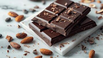 Chocolate bar with cacao beans and almonds scattered around it photo