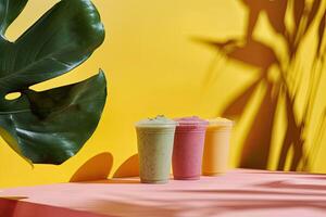 Some cups of smoothies, minimalist background, shadow leafs photo