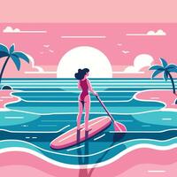 mujer paddleboarding plano diseño vector