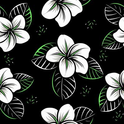 illustration of seamless pattern with tropical flowers on a black background.