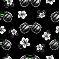 illustration of a seamless pattern with glasses and flowers on a black background. vector