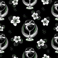 ilustración de un sin costura modelo con vino vaso, y flores en un negro antecedentes. vector