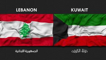 Kuwait and Lebanon Flag Waving Together Seamless Looping Background, Flag Country Name in English and Local National Language, 3D Rendering video