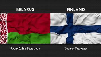 bielorrusia y Finlandia bandera ondulación juntos sin costura bucle pared fondo, bandera país nombre en Inglés y local nacional idioma, 3d representación video