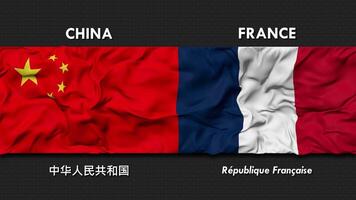 China y Francia bandera ondulación juntos sin costura bucle pared fondo, bandera país nombre en Inglés y local nacional idioma, 3d representación video