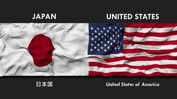 Unidos estados e Japão bandeira acenando juntos desatado looping parede fundo, bandeira país nome dentro Inglês e local nacional linguagem, 3d Renderização video