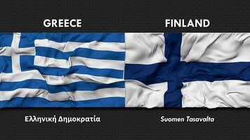 Greece and Finland Flag Waving Together Seamless Looping Wall Background, Flag Country Name in English and Local National Language, 3D Rendering video