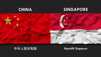 China y Singapur bandera ondulación juntos sin costura bucle pared fondo, bandera país nombre en Inglés y local nacional idioma, 3d representación video