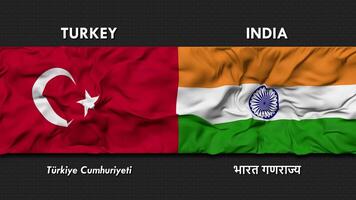 India y Turquía bandera ondulación juntos sin costura bucle pared fondo, bandera país nombre en Inglés y local nacional idioma, 3d representación video