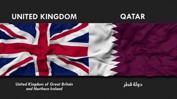 unito regno e Qatar bandiera agitando insieme senza soluzione di continuità looping parete sfondo, bandiera nazione nome nel inglese e Locale nazionale linguaggio, 3d interpretazione video