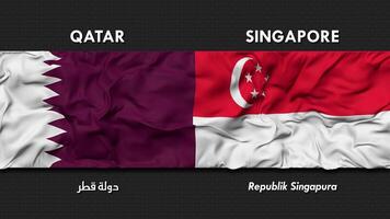 Qatar and Singapore Flag Waving Together Seamless Looping Wall Background, Flag Country Name in English and Local National Language, 3D Rendering video