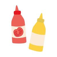 botellas de salsa de tomate y mostaza aislado en blanco antecedentes. ilustración de salsas para barbacoa, picnic, rápido alimento. amarillo dijon y tomate inmersión para Cocinando diseño elemento para pegatina, menú, tarjeta vector