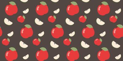 Red Apples and Slices Seamless pattern. Flat Cartoon Illustration. Tasty and Juice fruits isolated on Dark background. Color Summer or Autumn template for Wrapping, Print, Textile, Clothes. vector
