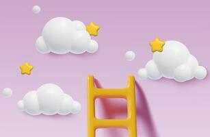 3D realistic ladder on pink sky with clouds and stars cute three dimensional baby girl background vector