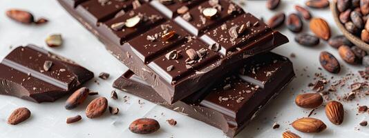 Chocolate bar with cacao beans and almonds scattered around it photo