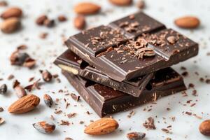 Chocolate bar with cacao beans and almonds scattered around it photo