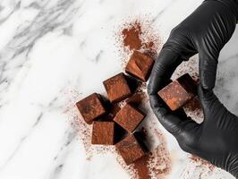 Hand with glove grabbing a small chocolate truffles photo