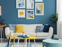 un acogedor y elegante vivo habitación con moderno decoración en amarillo y azul colores foto