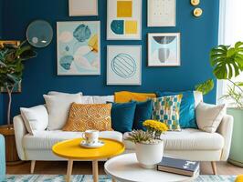 un acogedor y elegante vivo habitación con moderno decoración en amarillo y azul colores foto
