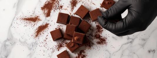 Hand with glove grabbing a small chocolate truffles photo