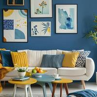 a cozy and stylish living room with modern decor in yellow and blue colors photo