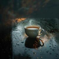 Steaming Tea Cup on Moist Surface photo