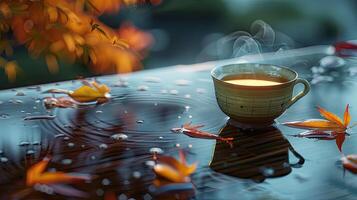 Steaming Tea Cup on Moist Surface photo