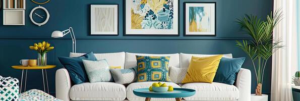 a cozy and stylish living room with modern decor in yellow and blue colors photo