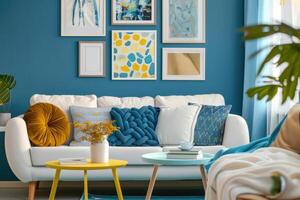 un acogedor y elegante vivo habitación con moderno decoración en amarillo y azul colores foto