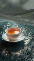 Steaming Tea Cup on Moist Surface photo