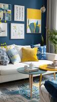 un acogedor y elegante vivo habitación con moderno decoración en amarillo y azul colores foto