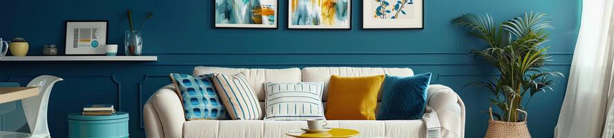 a cozy and stylish living room with modern decor in yellow and blue colors photo