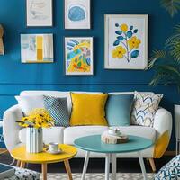 un acogedor y elegante vivo habitación con moderno decoración en amarillo y azul colores foto