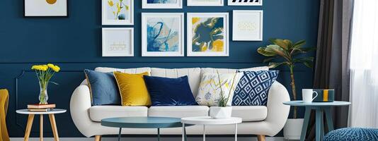 un acogedor y elegante vivo habitación con moderno decoración en amarillo y azul colores foto