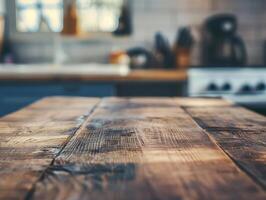 Rustic Wooden Tabletop with Blurred Kitchen Backdrop photo