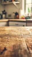 Rustic Wooden Tabletop with Blurred Kitchen Backdrop photo