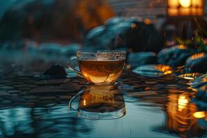 Steaming Tea Cup on Moist Surface photo