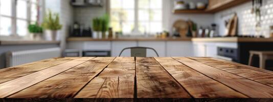 rústico de madera mesa con borroso cocina fondo foto