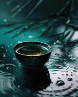 Steaming Tea Cup on Moist Surface photo