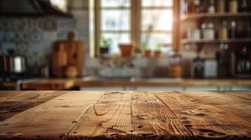 rústico de madera mesa con borroso cocina fondo foto