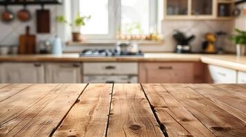 rústico de madera mesa con borroso cocina fondo foto