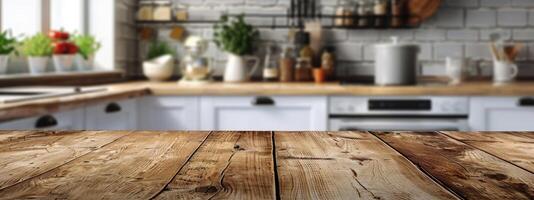 Rustic Wooden Tabletop with Blurred Kitchen Backdrop photo