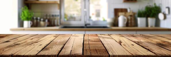 rústico de madera mesa con borroso cocina fondo foto