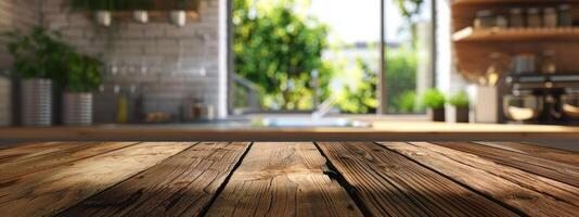 Rustic Wooden Tabletop with Blurred Kitchen Backdrop photo