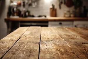 Rustic Wooden Tabletop with Blurred Kitchen Backdrop photo